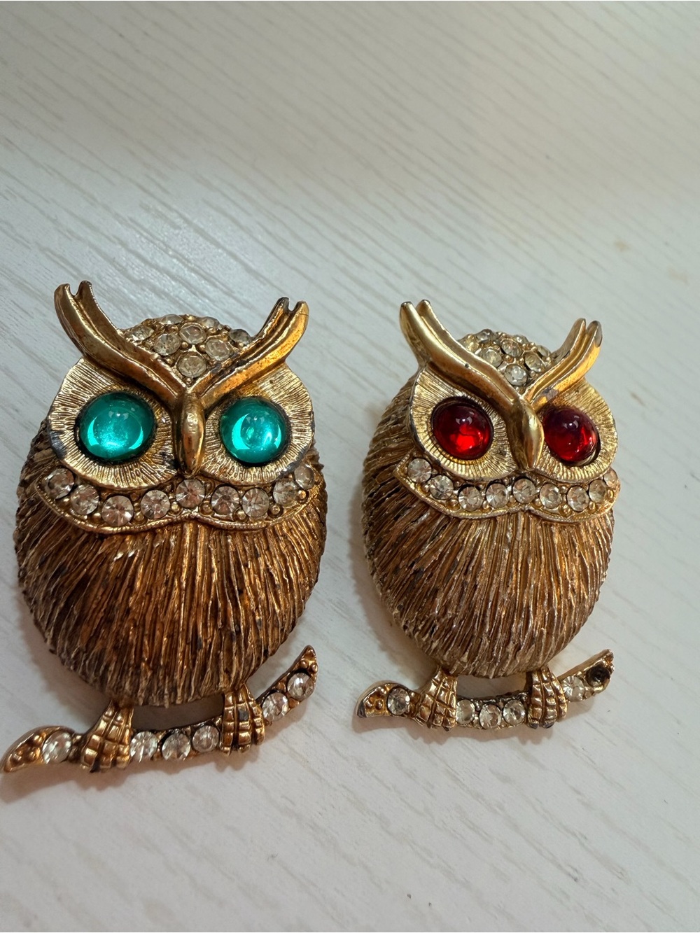 Vintage Gold Owl Brooch Pair with Gem Eyes and Crystals - Picture 2 of 5